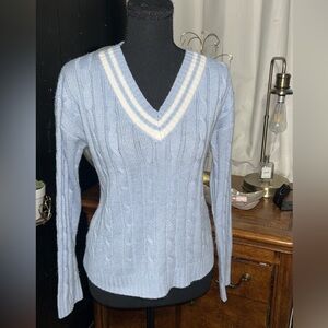 Cute work Light Blue V-Neck Cable Knit Sweater with Ivory Stripe